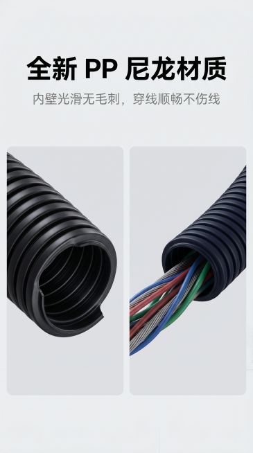 整体工业专业简约风，主色调黑色、深蓝色、浅灰色，实拍级质感，光影均匀自然，无多余元素。第九屏，主文案"全新 PP 尼龙材质"居中放大，字体粗黑；副文案"内壁光滑无毛刺，穿线顺畅不伤线"在主文案下方，字预览效果