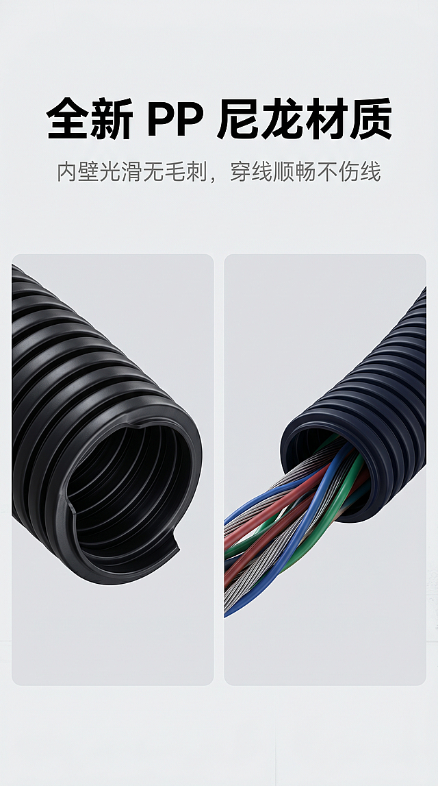 整体工业专业简约风，主色调黑色、深蓝色、浅灰色，实拍级质感，光影均匀自然，无多余元素。第九屏，主文案"全新 PP 尼龙材质"居中放大，字体粗黑；副文案"内壁光滑无毛刺，穿线顺畅不伤线"在主文案下方，字体纤细，颜色浅一度，整体排版居中。画面左侧为波纹管产品特写实拍，展示表面哑光光泽、内壁光滑无毛刺的细节，右侧为电线穿入波纹管的实拍场景，突出穿线顺畅不伤线的特性，背景为浅灰色工业风底色，整体构图左右均衡。高清，产品内壁细节清晰锐利，材质质感还原真实，穿线场景自然，无模糊噪点，光影均匀专业