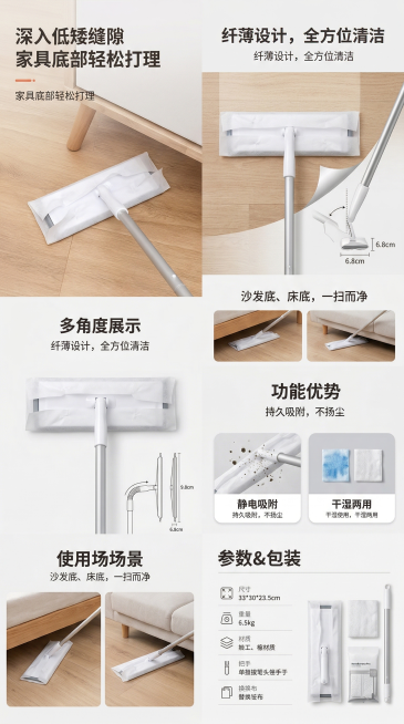 生成静电除尘拖把的电商详情图，突出拖把可深入低矮缝隙清洁沙发、床底等家具底部的核心卖点，整体风格整洁明亮，包含商品多角度展示、使用场景、功能优势、参数说明板块，符合电商平台详情页设计规范，视觉清晰有吸预览效果