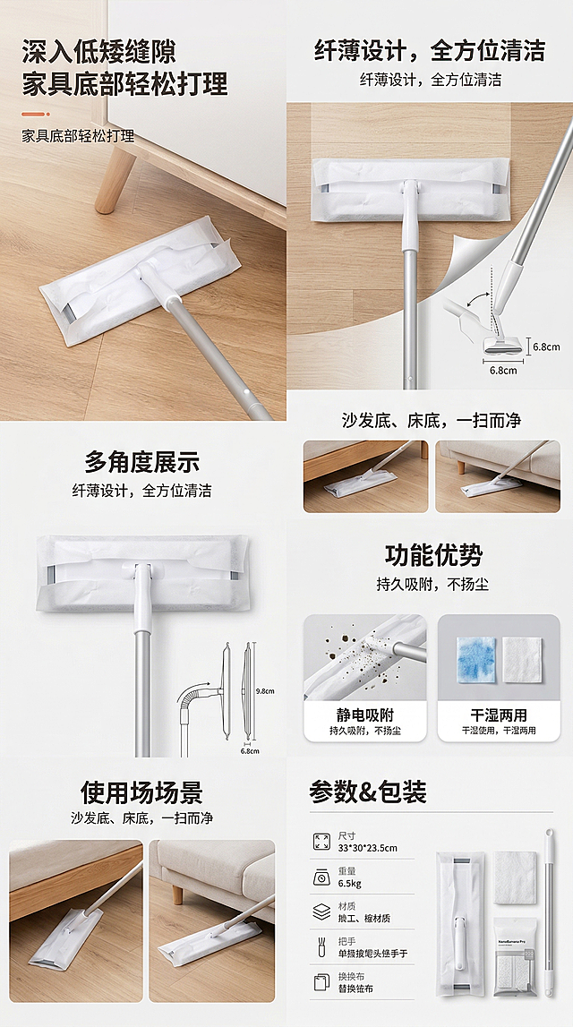 生成静电除尘拖把的电商详情图，突出拖把可深入低矮缝隙清洁沙发、床底等家具底部的核心卖点，整体风格整洁明亮，包含商品多角度展示、使用场景、功能优势、参数说明板块，符合电商平台详情页设计规范，视觉清晰有吸引力