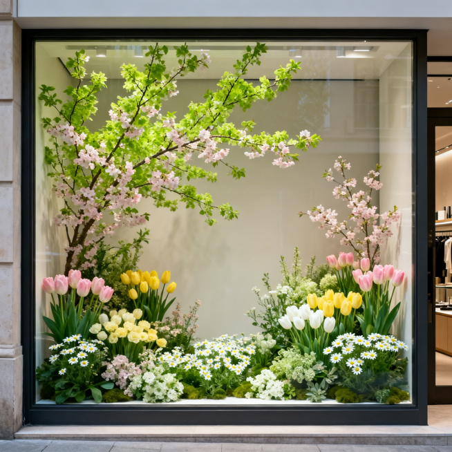 正视角春日氛围商业橱窗，仅用纯绿植花卉布置，满是嫩绿枝条、樱花、郁金香与洋甘菊，无任何商品陈列物品，自然清新，充满生机盎然的春日感，层次丰富清新治愈预览效果