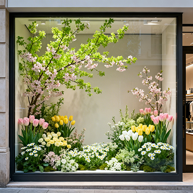 正视角春日氛围商业橱窗，仅用纯绿植花卉布置，满是嫩绿枝条、樱花、郁金香与洋甘菊，无任何商品陈列物品，自然清新，充满生机盎然的春日感，层次丰富清新治愈