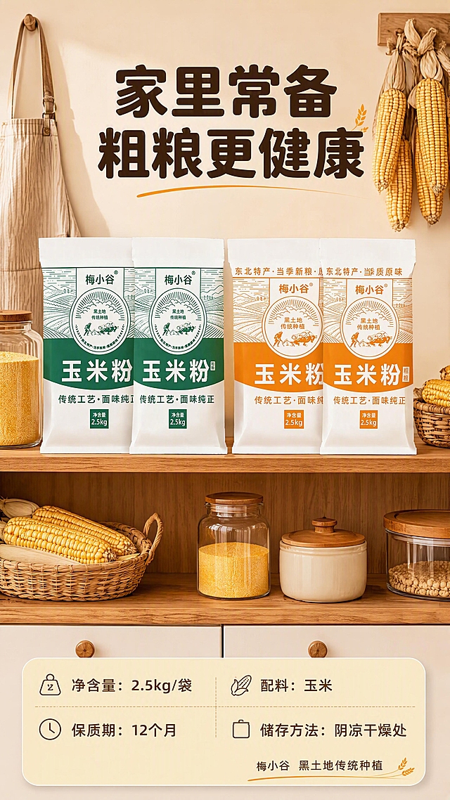 [第8张] 规格信息+囤货收尾页。本张使用【图1】绿色包装和【图2】橙色包装玉米粉共同展示。
[氛围/风格] 温馨收纳风，家庭囤货感，厨房场景，商业摄影质感。
[元素布局] 画面为厨房置物架场景，木质层板上整齐摆放着【图1】绿袋和【图2】橙袋各两袋，共四袋玉米粉，呈囤货陈列状，占画面约50%；层板上还放着玻璃罐（装着玉米面）、玉米棒、小竹篮等厨房食材；背景是浅色厨房墙面，挂着围裙和干玉米串；整体为家庭厨房收纳场景。
[光影质感] 厨房暖光，柔和均匀，置物架有自然投影，温馨居家感。
[配色色系] 全局底色 #F5EAD0（暖米黄）；主色绿+橙包装+金黄玉米；辅助色木层板棕色、厨房白色。
[视角构图] 正面平视，厨房置物架场景，阅读动线顶部标题 → 中部囤货陈列 → 底部规格参数。
[文字版式] 顶部主标题「家里常备 粗粮更健康」，粗黑体，深棕色；底部规格信息区，米黄色圆角底条：「净含量：2.5kg/袋」「配料：玉米」「保质期：12个月」「储存方法：阴凉干燥处」；右下角小字「梅小谷 黑土地传统种植」；标题字形同首张粗黑体圆角，字色深棕+米黄底。
[比例分辨率] 9:16竖版比例，4K分辨率，文字清晰可辨，高清画质。
[负向提示词] 包装变形，颜色偏差，包装文字错乱，厨房场景假，水印，文字过小，规格信息不清。