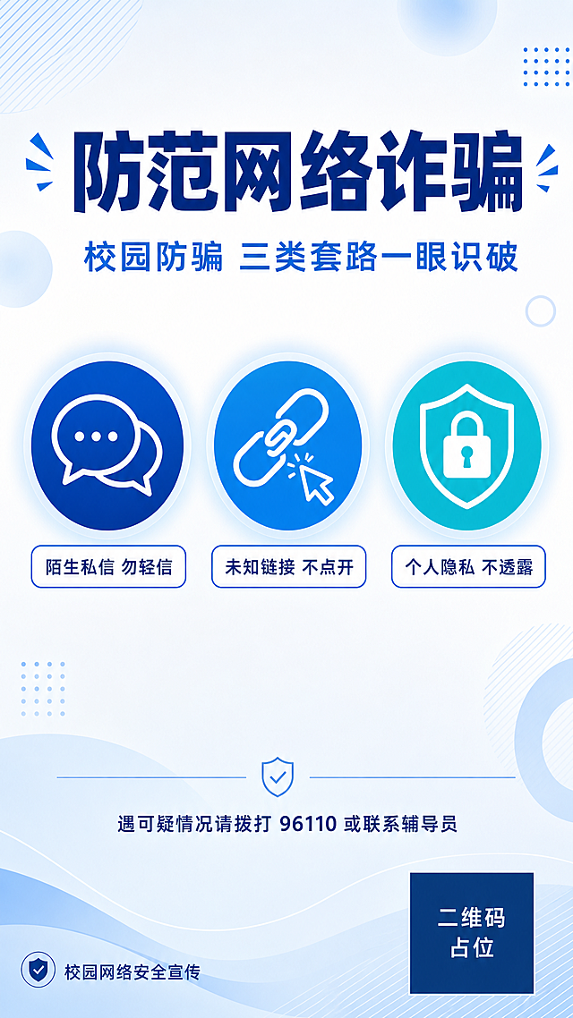 一张竖版校园防范网络诈骗宣传海报，扁平化插画风格，蓝色与白色为主色调，简洁现代、专业且有警示感的视觉调性，适合大学生群体。画面采用三分法构图，背景为干净的白色到浅蓝色渐变，点缀极简的几何线条、斜向细纹与淡蓝色光晕装饰，整体干净清爽。

上方三分之一区域为标题区：主标题大字横排居中，深蓝色粗体无衬线字体，文字为"防范网络诈骗"；主标题下方配中蓝色副标题，文字为"校园防骗 三类套路一眼识破"。

画面中部为三个等大的圆形图标并排横向排列，同一水平线、间距均匀：第一个圆形内是扁平化线条风格的对话气泡图标，代表陌生私信；第二个圆形内是扁平化链条与鼠标点击符号图标，代表未知链接；第三个圆形内是扁平化挂锁与盾牌图标，代表个人隐私。三个圆形分别使用深蓝、中蓝、青蓝三种深浅不同的蓝色实心底色，图标为白色粗线条几何化造型，圆形外侧带浅蓝色柔光描边与细光晕。每个圆形下方配一条圆角矩形标签，标签内为白色短句：第一个标注"陌生私信 勿轻信"，第二个标注"未知链接 不点开"，第三个标注"个人隐私 不透露"，标签文字为深蓝色。

下方区域留出干净的文字区：以浅蓝色细线分隔，底部居中排列一行提示文字"遇可疑情况请拨打 96110 或联系辅导员"，深蓝色小号字体；底部左侧为小字装饰文案"校园网络安全宣传"，底部右侧为纯色方块二维码占位符，方块中央标注"二维码占位"文字。

画面中所有二维码区域使用纯色方块占位符呈现，方块中央标注"二维码占位"文字，严禁生成任何可识别的二维码图案。

画面中所有信息区域、标签卡片、列表项、文字区必须填充完整合理的内容，不得出现空白框、空白占位、横线待填写区域、空列表项、空单元格；确保是完整可用的成品海报而非待填写模板。

画面中所有文字必须完整清晰呈现："防范网络诈骗"、"校园防骗 三类套路一眼识破"、"陌生私信 勿轻信"、"未知链接 不点开"、"个人隐私 不透露"、"遇可疑情况请拨打 96110 或联系辅导员"、"校园网络安全宣传"、"二维码占位"。画面中所有数字必须精确渲染，不得出现错位、遗漏或编造的数字。

版式精美，文字全部放在负空间内，安全边距充足，四边留白舒适，层级分明，主次错落；主体与图标保持完整清晰，无畸变，无多余装饰元素，背景干净，高清8K画质，杰作级细节。竖版9:16构图。