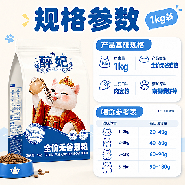 [主图-1] 规格参数图 展示猫粮产品规格信息与喂食标准
[统一基调] 拼多多风格 大字直白 性价比感 蓝白主色家族 圆润可爱字体 圆角卡片组件 线性图标 整体干净明亮 宠物食品商业摄影质感
[画面] 画面左侧居中放置1袋醉妃全价无谷猫粮产品 产品正面完整展示 占画面约45% 视角为正面微仰视 产品外观颜色包装与输入图完全一致 右侧为规格信息区 用圆角白色卡片承载内容 卡片内分上下两区 上区为产品基础规格 包含净含量1kg 全价无谷猫粮 肉宴粮 添加南极磷虾等基础信息 用大号数字+小号说明的形式呈现 下区为喂食参考表 按不同体重猫咪展示每日喂食量参考 用猫咪图标配合数据行呈现 画面顶部有大标题"规格参数" 字体圆润饱满 颜色为深蓝色
[光影质感] 商业摄影质感 主光从左上方打来 产品右侧有柔和阴影 产品底部有自然接触阴影 整体光线均匀明亮 产品包装质感清晰 蓝白配色通透
[配色] 主背景为浅米白色 主色为深蓝色 辅助色为浅蓝色 强调色为金色(皇冠元素) 卡片为白色圆角 标题字色为深蓝色 说明文字为深灰色 数据数字为蓝色
[文字版式] 顶部大标题"规格参数" 字号最大 加粗圆润字体 右上角可放小型"1kg装"标签 右侧卡片内标题字号中等 说明文字缩小50%以上 数据数字放大突出 所有文字横排 左对齐或居中对齐 文字不遮挡产品主体
[输出要求] 1:1正方形 文字清晰可读 产品清晰不变形 禁止出现功效类表述 禁止健康字眼 禁止最 顶级 国家 平台名称 爆款 首选 第一等违禁词 禁止出现拼多多淘宝天猫等平台名称 禁止杜撰不实产品信息 禁止出现参考图之外的包装图 负向 变形 错字 模糊 杂乱 水印 平台Logo 悬浮 穿模