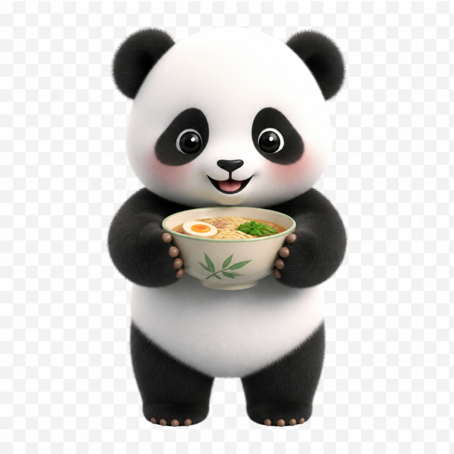 参考参考图片的毛绒熊猫3D风格，生成一只站立的熊猫，熊猫端着一碗面，毛茸茸质感，卡通可爱风格，透明背景预览效果
