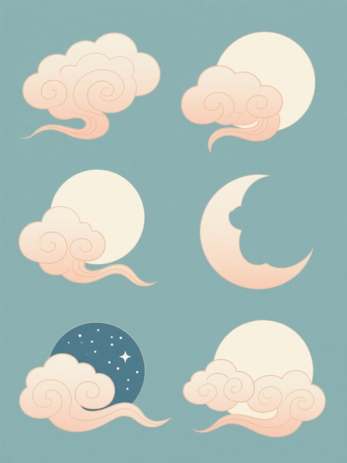 一组六个规整排布的中国风传统祥云与月亮系列插画，保持统一的扁平化设计风格，柔和的渐变色彩，细腻的线条勾勒，祥云呈多层卷曲状且边缘有浅色高光，月亮呈现不同形态（满月、半月、弯月、残月、带星点的月亮、被祥云半遮的月亮），每个月亮与祥云组合造型各异、角度不同，背景为纯色，整体色彩协调统一。预览效果