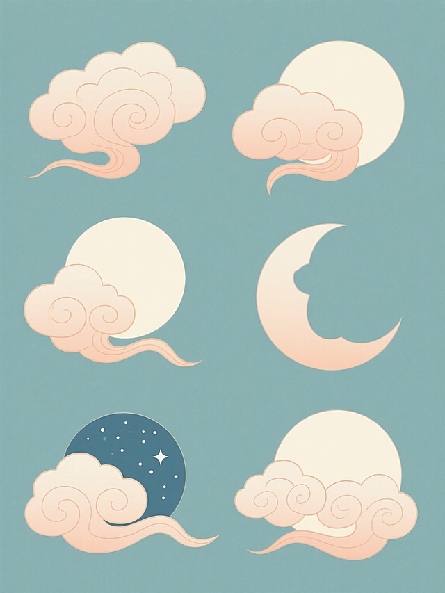 一组六个规整排布的中国风传统祥云与月亮系列插画，保持统一的扁平化设计风格，柔和的渐变色彩，细腻的线条勾勒，祥云呈多层卷曲状且边缘有浅色高光，月亮呈现不同形态（满月、半月、弯月、残月、带星点的月亮、被祥云半遮的月亮），每个月亮与祥云组合造型各异、角度不同，背景为纯色，整体色彩协调统一。