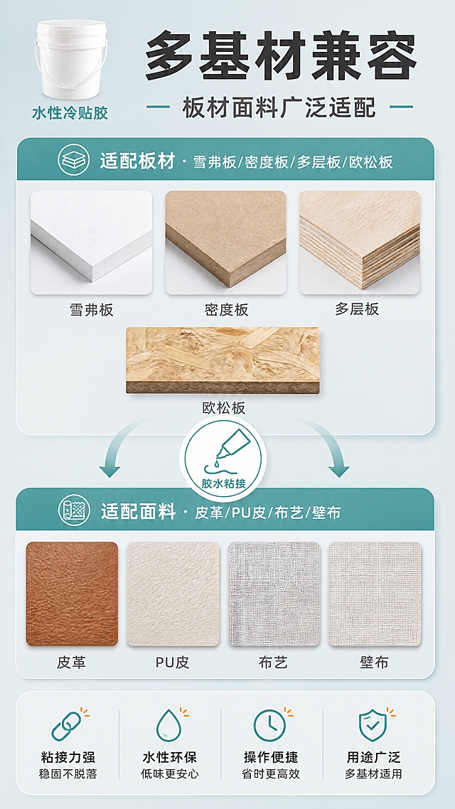[商品] 使用【图1】【图3】白色塑料桶装冷贴胶；保留白色桶身、桶盖、提手结构、桶身比例和材质；修复桶身污渍，使桶身干净，不改变外形。产品桶缩小放在画面左上角，占画面15%，作为品牌标识出现。
[画面] 适用基材页，目标展示多基材兼容性。主体为上下两排基材展示区，上排是板材类：雪弗板、密度板、多层板/欧松板的材质纹理方块图；下排是面料类：皮革、PU皮、布艺、壁布的材质纹理方块图；中间用胶水粘接的示意箭头连接板材与面料，表达贴合效果；背景为浅蓝灰色渐变，整体为材质图鉴风格。
[视觉] 套系策略：风格=工业环保风商业摄影；标题字=粗黑无衬线黑体；正文字=简洁无衬线黑体；主色=浅蓝绿（青绿色）；背景延展=基于浅蓝绿做深浅渐变、同色系层次和细腻哑光质感；强调色=橙黄色，仅用于小面积图标、引线和重点标签；标题色=深炭灰；正文色=中灰；组件=圆角信息卡、细线图标、色块分区；光影=左前侧柔和主光，右侧补光，材质方块有自然投影。
[文字] 顶部主标题：多基材兼容；副标题：板材面料广泛适配；上排标注：适配板材·雪弗板/密度板/多层板/欧松板；下排标注：适配面料·皮革/PU皮/布艺/壁布；每个材质方块下方标注名称；左上角产品桶旁标注品牌名：水性冷贴胶；所有文字横排。
[规格] 图片比例9:16竖版，分辨率4K，quality=medium，避免变形、错字、文字过小、极限词。