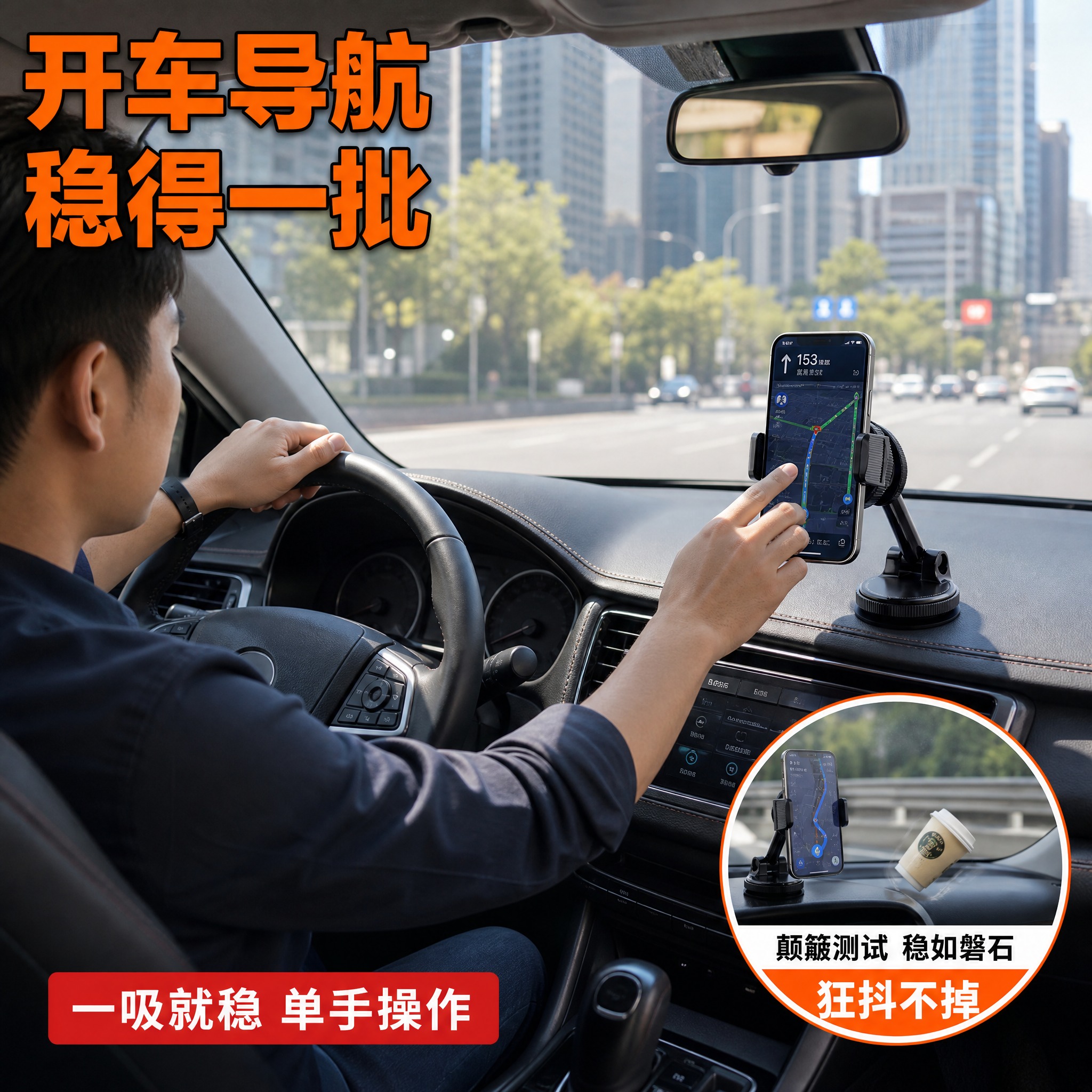 [主图-4] 吸盘式车载手机支架 真实使用场景图，车内中控台安… - 图片创意预览
