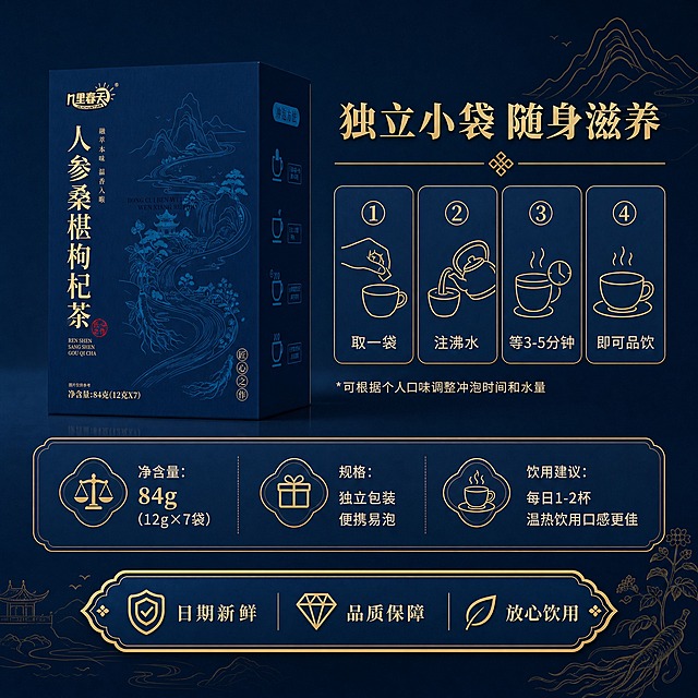[主图-6] 便携冲泡与规格：独立小袋便携+产品信息，转化型收尾。
[统一基调] 风格=东方新中式国潮商业摄影；主色=藏青深蓝；强调色=烫金古铜色；标题字=宋体衬线粗体，端庄大气；辅助字=简洁无衬线体；标题色=烫金色；辅助字色=米白色；组件=圆角步骤卡、细线图标、数字编号、中式分隔线；光影=均匀柔光，产品清晰。
[画面] 使用【图1】产品包装盒放在画面左上方，占画面约35%，保留外观特征。右侧和下方为信息展示区：右侧用4个简约线条图标横向展示冲泡步骤（用图标示意，不出现内包实物）：取茶、注水、静待、品饮；下方为规格信息卡，标注净含量、规格、饮用建议；底部加服务承诺悬浮条；背景为藏青色渐变，点缀淡金色山水线描；≥3层视觉层次。
[光影质感] 均匀柔光，产品清晰，整体干净利落有品质感。
[配色] 藏青深蓝背景+烫金图标和文字+米白说明文字，信息清晰高级。
[文字版式] 顶部主标题"独立小袋 随身滋养"；右侧4步骤配文字：「① 取一袋」「② 注沸水」「③ 等3-5分钟」「④ 即可品饮」；下方规格卡：「净含量：84g（12g×7袋）」「独立包装 便携易泡」；底部服务承诺：「日期新鲜 品质保障 放心饮用」；文字全部横排；字号清晰可读。
[输出要求] 比例1:1方图，2K分辨率，文字清晰，信息完整；负向：变形、错字、文字过小、医疗功效宣传、极限词、出现具体地名、出现内包装袋实物、出现茶包实物图、包装文字错乱、二维码、平台Logo。