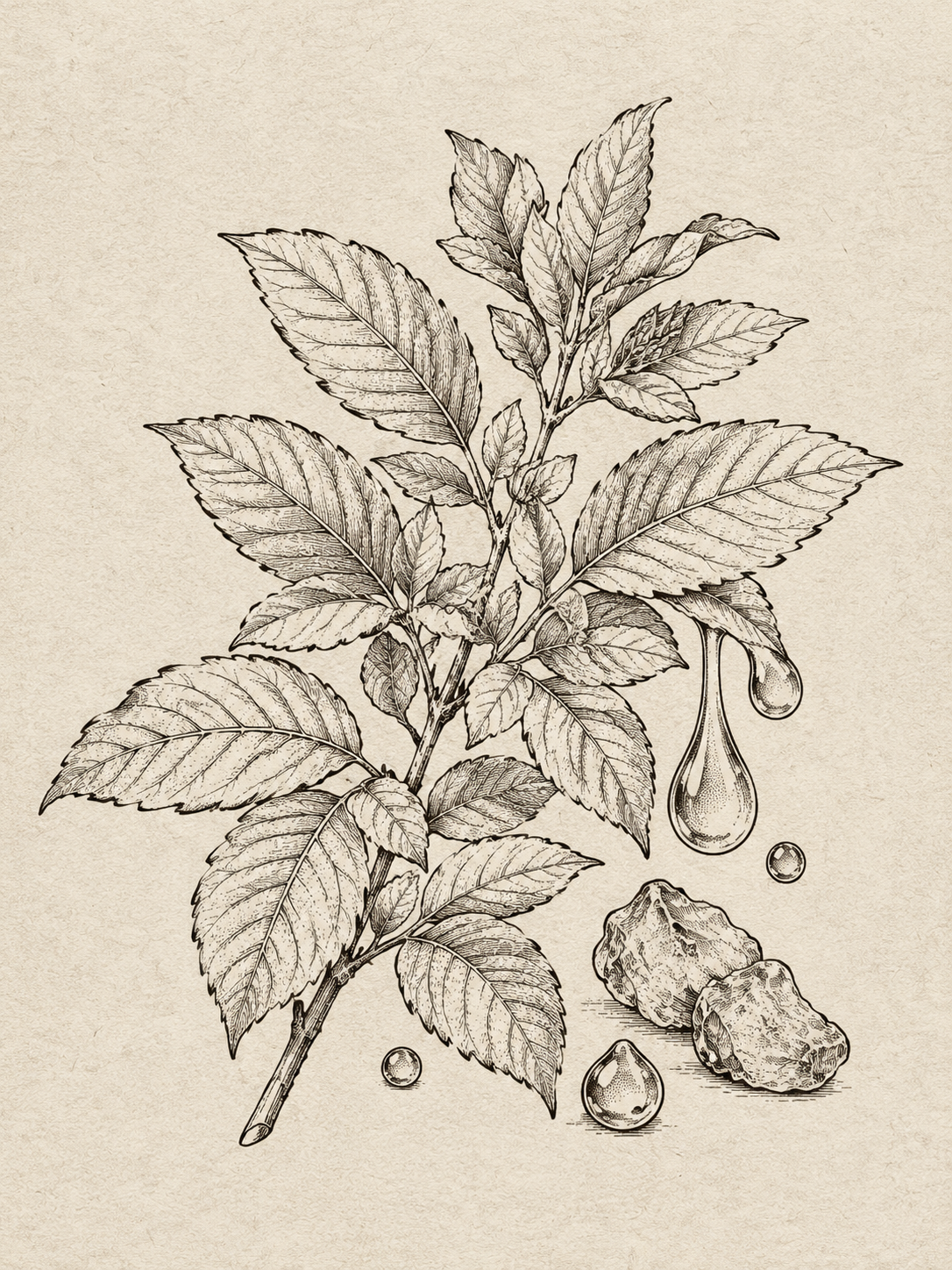 古巴香脂叶片与树脂滴液特写线描简笔画，几片羽状复叶的小叶细节丰… - 图片创意预览
