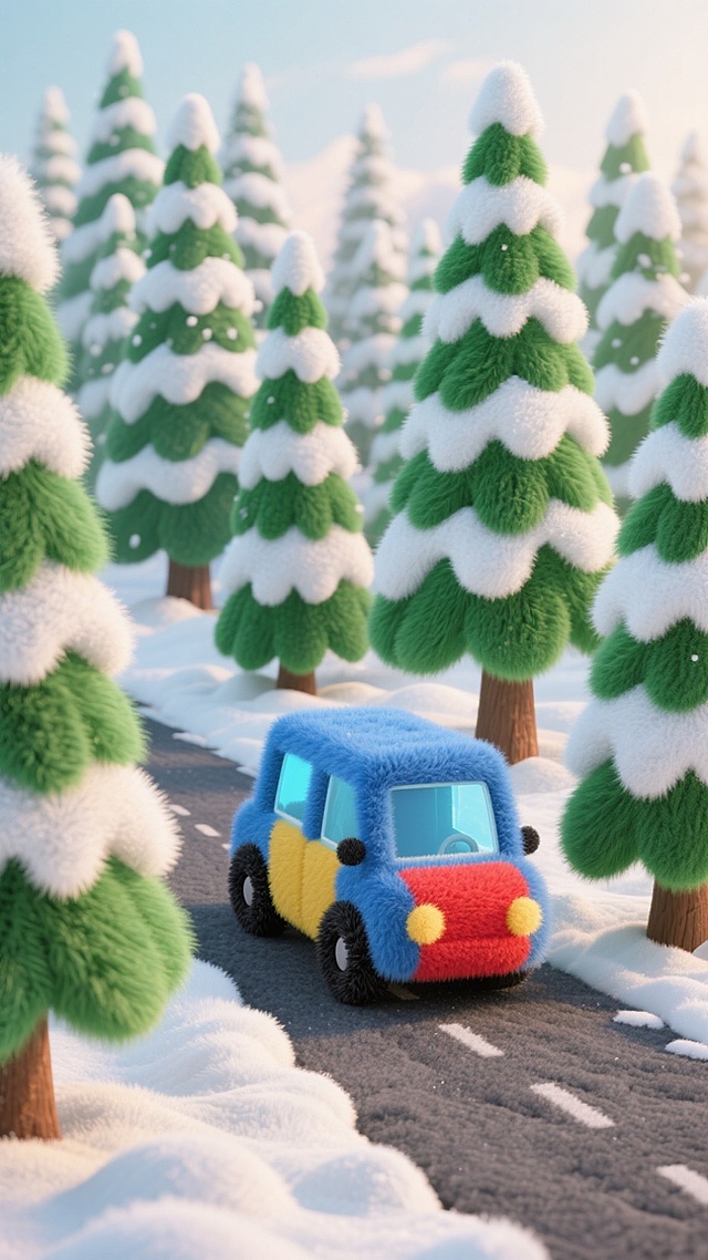 毛绒质感的3D卡通雪景，萌趣小车穿行于梦幻雪松间，温暖色调营造冬日温馨氛围，充满童趣与节日气息。