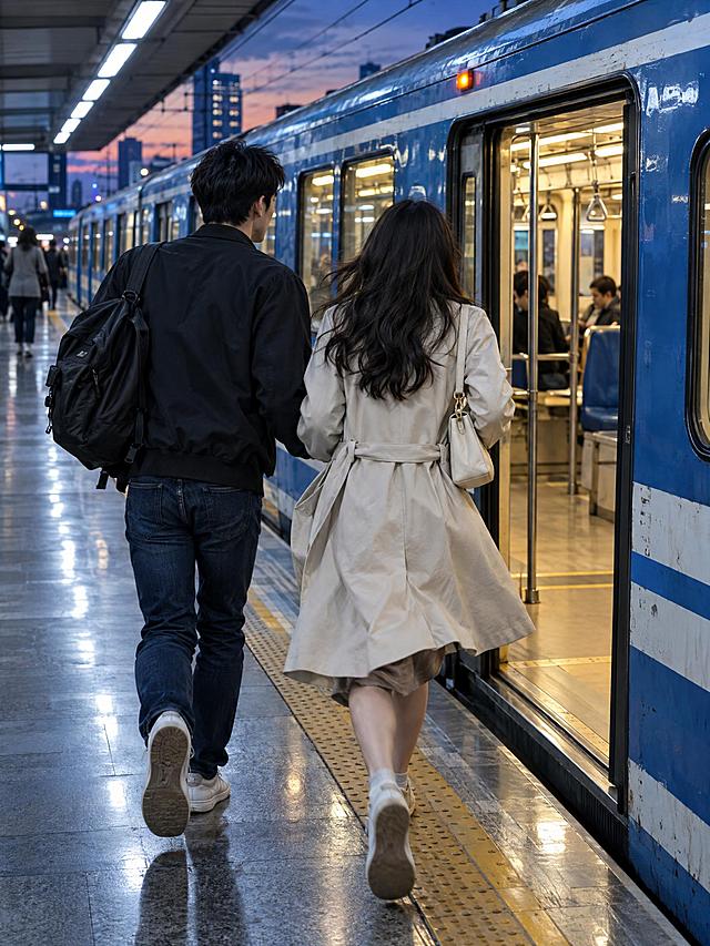 竖版3:4写实电影静帧：傍晚地铁站台，蓝白色旧地铁刚停稳，情侣并肩快步向车门走去，女生浅色风衣衣摆自然摆动，站台灯光偏冷、车厢内是暖光。画面中无文字、无水印、无标志、无logo、无字幕。超高清2K画质，细节丰富。