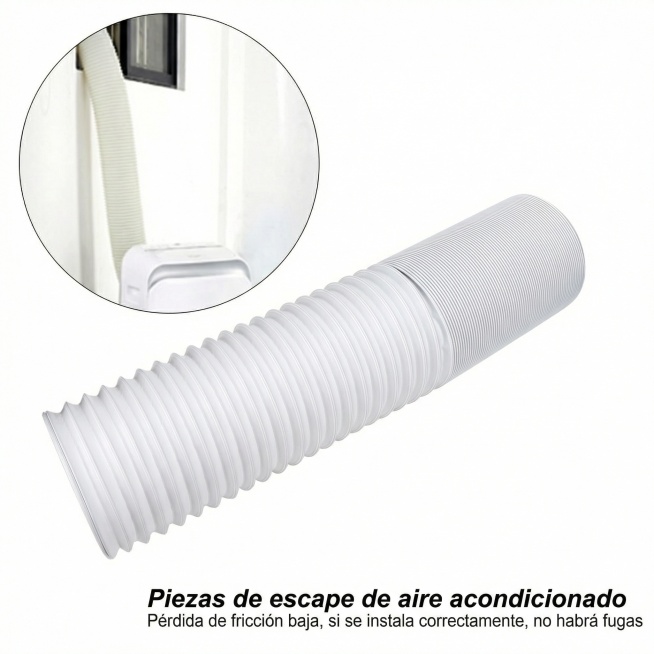 将图中文字替换为西班牙语：Piezas de escape de aire acondicionado，Pérdida de fricción baja, si se instala correcta预览效果