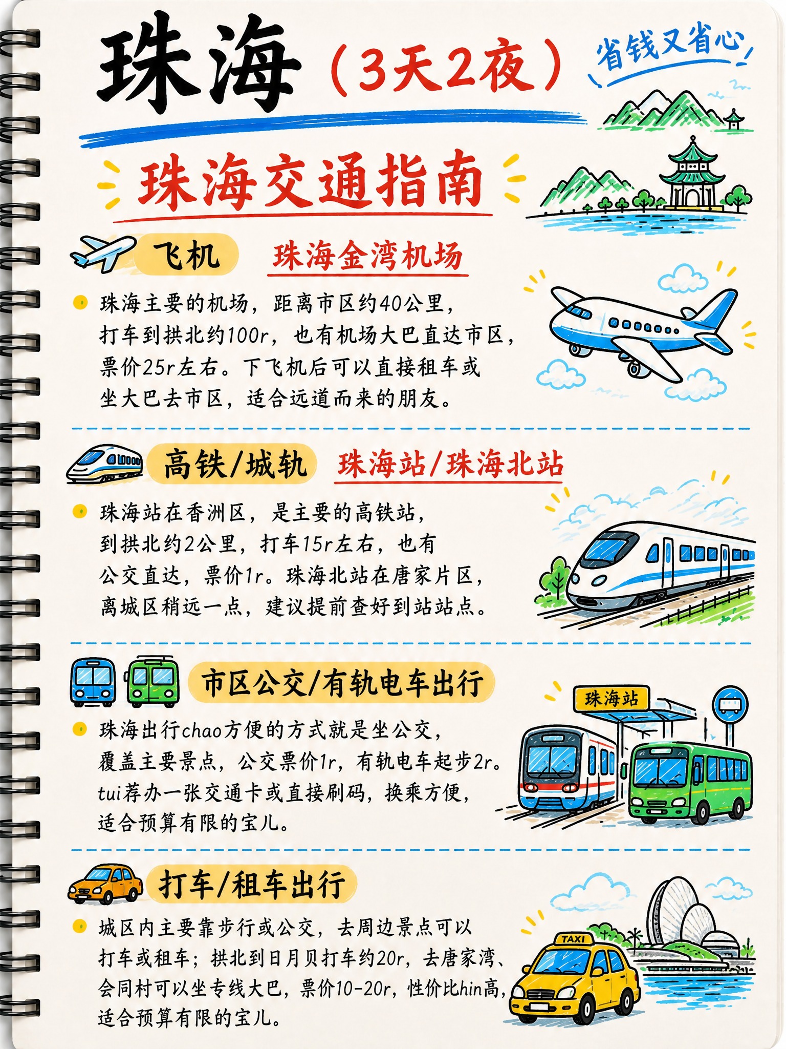 手绘笔记本风格的珠海旅游攻略第5页交通指南，竖版3:4比例，米… - 图片创意预览