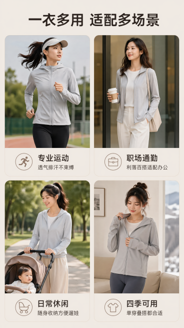 [第7屏] 多场景穿搭展示页。生活化真实场景，分四格展示四个核心场景：专业运动、职场通勤、日常遛娃、四季内搭，每格配模特穿搭小图加文字说明，展示产品适配性。整体风格统一和谐，颜色自然。浅暖灰底色，每个预览效果