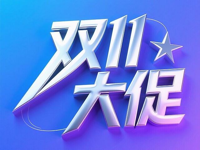 "双11大促"字体，银色金属质感，所有斜笔画向内挤压为弧形锐角，膨胀风向内挤压的弧形笔画设计，字形结构宽大，粗笔画有明显的的粗细变化，酸性风现代艺术字设计，以十字星图形提取笔画灵感，先锋艺术，背景是蓝紫色。