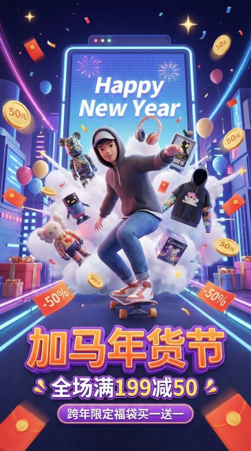 潮玩青年·元气开场
﻿
这套方案面向年轻消费者，风格动感、色彩鲜艳，强调“新开始”和“元气”。
﻿
画面要求：
﻿
· 优惠规则文字参考： 全场满199减50 / 跨年限定福袋买一送一
· 画面主标题预览效果