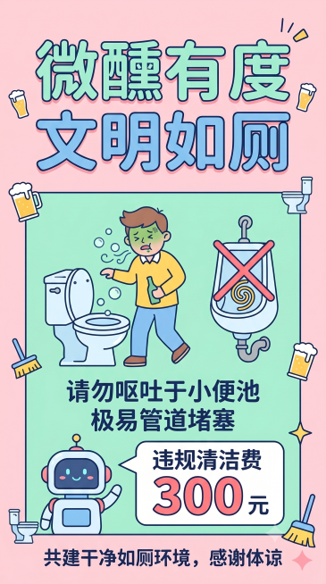 卫生间文明提醒海报，主题文案：“微醺有度 文明如厕 请勿呕吐于小便池 极易管道堵塞，违规清洁费 300 元 共建干净如厕环境，感谢体谅”，采用2026流行的简约可爱搞怪风格，柔和醒目配色，文字清晰易读预览效果