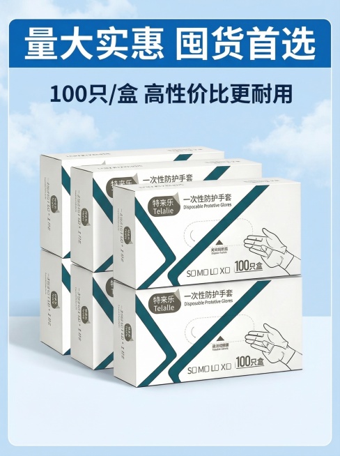 参考提供的一次性TPE手套主图的浅蓝清新风格、字体/图标排版逻辑，生成第7张详情页性价比页：整齐堆叠多盒手套，上方文案“量大实惠 囤货首选”，下方标注“100只/盒 高性价比更耐用”，整体750*10预览效果