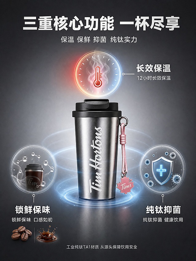 [商品] 使用用户上传的Tims极地银霜钛杯产品图；保留银色纯钛金属杯身、黑色杯盖、粉色提绳与Tims logo挂件、杯身白色品牌字样；增强金属质感，不改变结构与颜色。
[画面] 页面目标为功能演示，可视化展示保温、保鲜、抑菌三大核心功能。采用中心产品+环绕功能模块的放射状构图。产品居中直立，主体占比约40%。杯子周围环绕三个功能可视化模块，呈三角形分布：上方是保温功能模块，有温度计图标与热气升腾效果，旁边标注"12小时长效保温"，背景有淡淡的温度渐变色带；左下方是保鲜功能模块，有咖啡杯与香气分子示意，标注"锁鲜保味 口感如初"，旁边有新鲜咖啡豆与咖啡液的小图；右下方是抑菌功能模块，有盾牌图标与微观抑菌粒子效果，标注"纯钛抑菌 健康饮用"，有淡淡的蓝色抑菌光环从杯身扩散。背景为深银灰色渐变，整体科技感与品质感兼具。
[视觉] 套系策略：风格=银灰冷调高级商业摄影；标题字=现代无衬线粗黑体；正文字=简洁无衬线黑体；主色=银灰色；背景延展=基于银灰色做深灰到中灰的径向渐变，中心亮四周暗；强调色=Tims红+科技蓝，仅用于功能图标与数据高亮；标题色=白色/浅银灰；正文色=浅灰色；组件=圆形功能模块、细线引线、发光图标效果；光影=中心聚光打亮产品，功能模块有自发光效果，整体光影有层次。
[文字] 顶部大标题"三重核心功能 一杯尽享"，副标题"保温 保鲜 抑菌 纯钛实力"；三个功能模块分别有主标题"长效保温""锁鲜保味""纯钛抑菌"，下方配一行说明文字与数据；底部一行小字"工业纯钛TA1材质 从源头保障饮用安全"。文字均横排，层级清晰。
[规格] 图片比例3:4竖版，4K分辨率，避免变形、错字、文字过小、虚假功效承诺、过度科技感、平台Logo、水印、绝对化用语。