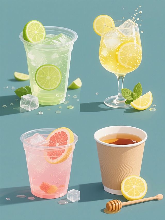 四个规整排布的素材，保持超写实插画风格，以纯色背景呈现，无任何文字、logo及水印。每个素材中心为一杯不同造型样式的柠檬水：第一杯为透明塑料杯装青柠柠檬水，杯口插有整片青柠，周围散落青柠切片与冰块；第二杯为玻璃高脚杯装黄柠檬气泡柠檬水，杯壁有气泡升腾，点缀柠檬角与薄荷叶；第三杯为磨砂玻璃杯装粉色西柚柠檬水，杯口装饰西柚片，底部沉淀少量果肉；第四杯为纸杯装蜂蜜柠檬热茶，杯身有简约波浪纹，搭配半颗去皮柠檬与一勺蜂蜜。所有饮品均保持鲜亮的色彩、晶莹的冰块质感、水润的水果光泽以及飞溅的水珠细节，光影效果统一为柔和自然光，整体构图均衡且视觉层次分明。
