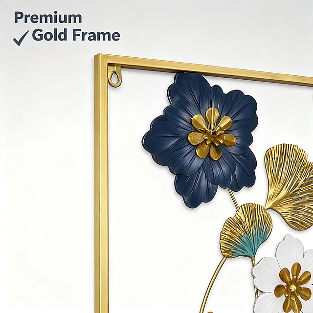 [Main Image 2] Golden frame detail close-up showcase. Metal floral wall decoration. [Atmosphere Style] Exquisite detail display, high-end textured style; [Quality] High resolution commercial photography texture, soft and even light, clear product details, clean and high-end picture. [Elements] Close-up of the golden frame of this wall hanging, highlighting the smooth metallic luster, clear frame lines and uniform coating craft. Keep the original product frame material and color unchanged. The background is low-saturation light gray gradient to highlight the golden texture. The picture focuses on the frame area, still showing part of the floral decoration to connect the product. [Light and Shadow] Side soft light highlights the metal texture, clear layers, soft transition. [Color Matching] Light gray background, main color of the picture is golden. [Perspective Composition] Close-up front view, focus on the frame detail, composition center on the frame. [Text Layout] The text 'Premium Gold Frame' is placed in the upper left corner of the negative space, bold and clear font, dark gray text, simple and generous. A small icon of a check mark is placed before the text. [Output Requirements] 1:1 ratio, 2048x2048 pixels, super high-definition commercial photography texture. [Negative Prompt] Deformation, text confusion, blurred product, messy background, watermark, logo, Chinese characters.