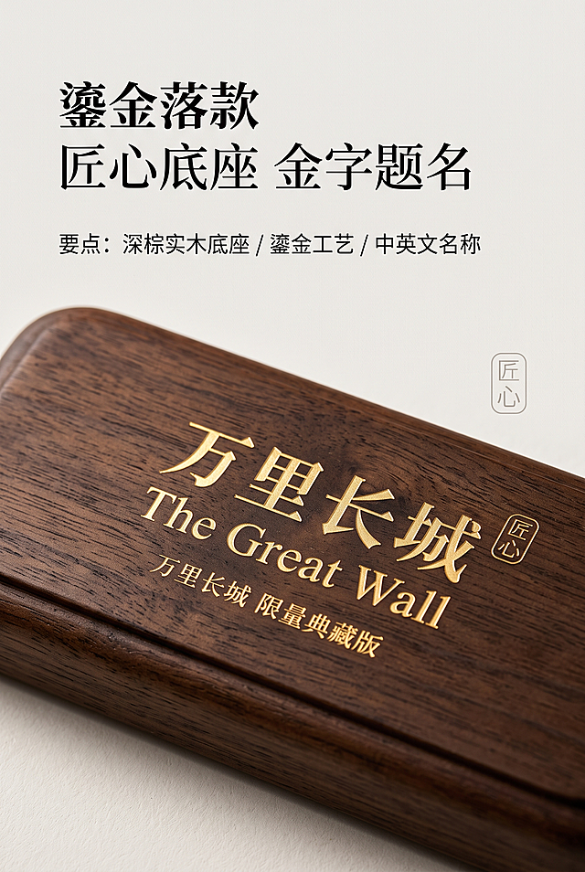[第6屏] 底座鎏金-万里长城摆件底座文字细节特写。2:3竖版竖屏，新中式写实国风商业静物微距摄影；情绪基调：精致、典雅、有质感；完整呈现深棕色木质底座纹理、底座表面鎏金中英文名称文字、鎏金细腻金属光泽、底座边缘圆润打磨细节；特写底座正面，突出鎏金文字的清晰与精致。【构图】底座局部特写占比55%，画面中下区域；上方留白放置主副标题；边缘留白22%。【色彩】背景色#F3F1ED浅米灰；主色调#3E2723底座深棕色；辅助色#D4AF37鎏金色文字、#7D8488城墙青灰色局部。【字体】标题思源宋体Heavy，正文思源宋体Regular；主标题「鎏金落款」，副标题「匠心底座 金字题名」；正文要点：深棕实木底座 / 鎏金工艺 / 中英文名称。【光影摄影】柔和侧光打亮鎏金文字，呈现细腻金属反光；木质纹理清晰可见；f/4.0微距景深，焦点集中在鎏金文字上；4K高清超写实质感。【装饰元素】2px细线性圆角印章图标点缀；4K高清。负面提示词：文字模糊，鎏金颜色偏差，底座纹理杂乱，水印。