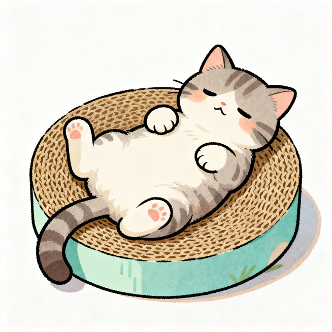 卡通绘画风格插画，一只可爱的小猫翻着肚皮躺在猫抓板上，软萌可爱的模样，色彩清新明亮，线条圆润流畅，整体画面温馨治愈，萌萌的小猫神态慵懒惬意预览效果