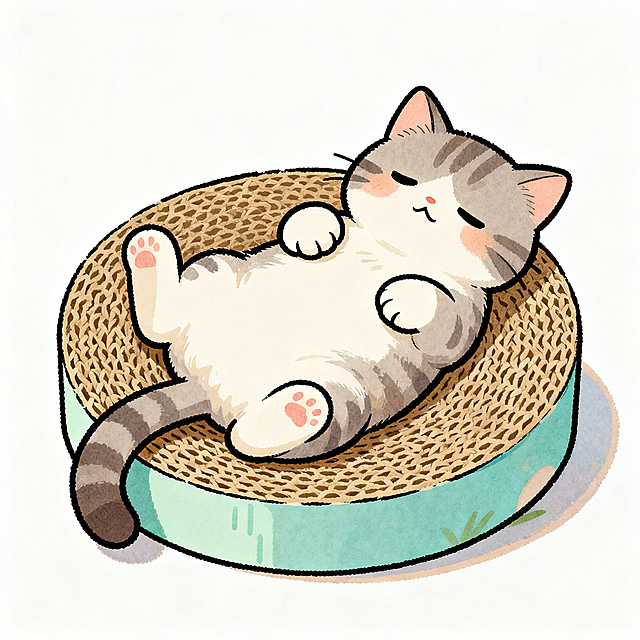 可爱感十足的卡通猫咪慵懒躺卧，插画风结合描边与轻拟物手法，水彩质感渲染温馨舒适氛围，传递治愈系日常趣味。