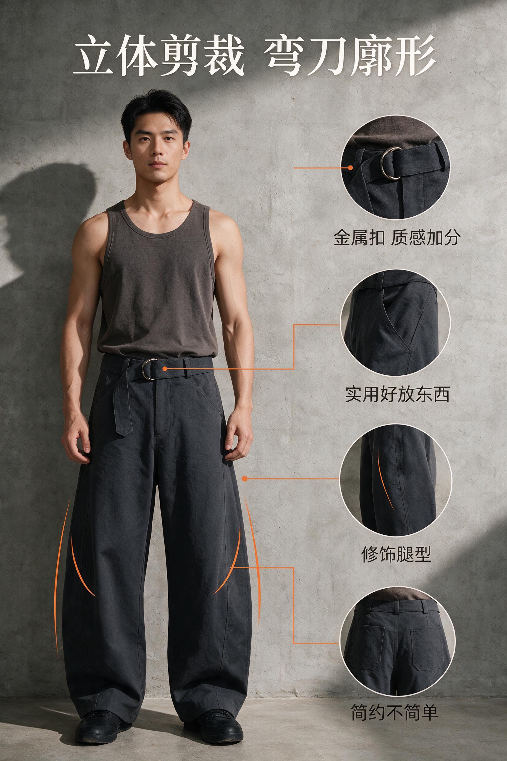 版型解析页。亚洲男模特，短发干净利落，身形挺拔，气质沉稳。他穿… - 图片创意预览