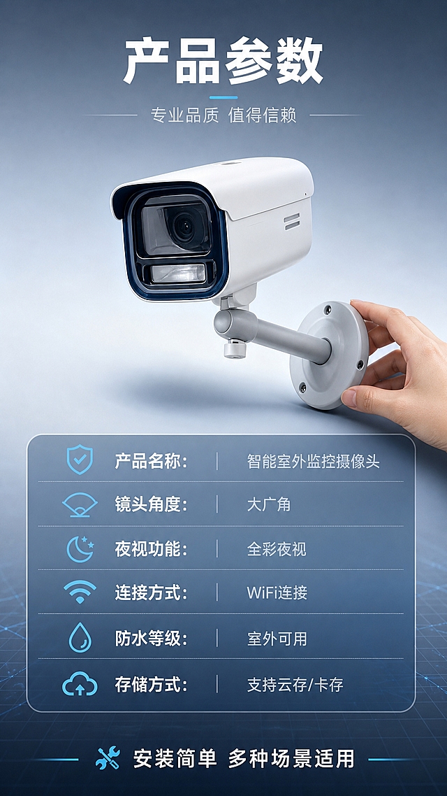 [商品] 使用【图1】白色枪式监控摄像头；保留白色机身、深蓝色镜头边框、圆柱形支架、圆形底座、镜头与补光灯结构、整体比例和材质；清晰化产品外观，去除原图文字。
[画面] 目标：产品信息参数页，购买决策收口。构图：上下结构，上方为产品正侧视展示图，产品居中，占画面约40%，呈正面微侧角度，带完整支架和底座；下方为参数表区域，配简洁图标。加入人物元素：画面右下角有一只亚洲人手部轻轻扶着摄像头底座，体现安装手感与产品尺寸参照。
[视觉] 套系策略：风格=国内电商科技安防风；标题字=粗黑无衬线科技字体；正文字=简洁无衬线体；主色=深蓝灰；背景延展=基于深蓝灰做浅渐变，底部有细腻的科技网格纹理；强调色=冰蓝色，仅用于小面积图标、引线和标签；标题色=纯白；正文色=浅灰蓝；组件=圆角参数表格、细线分割线、线性图标；光影=均匀冷白柔光，产品底部有自然投影。
[文字] 顶部主标题"产品参数"，副标题"专业品质 值得信赖"；下方参数表含："产品名称：智能室外监控摄像头"、"镜头角度：大广角"、"夜视功能：全彩夜视"、"连接方式：WiFi连接"、"防水等级：室外可用"、"存储方式：支持云存/卡存"；底部加一行"安装简单 多种场景适用"；文字全部横向排版，表格清晰，手机端易读。
[规格] 单屏比例9:16竖版，分辨率2K，负向提示：避免产品变形、颜色改变、缺件错件、文字竖排斜排、文字过小、极限词、虚构参数数值。