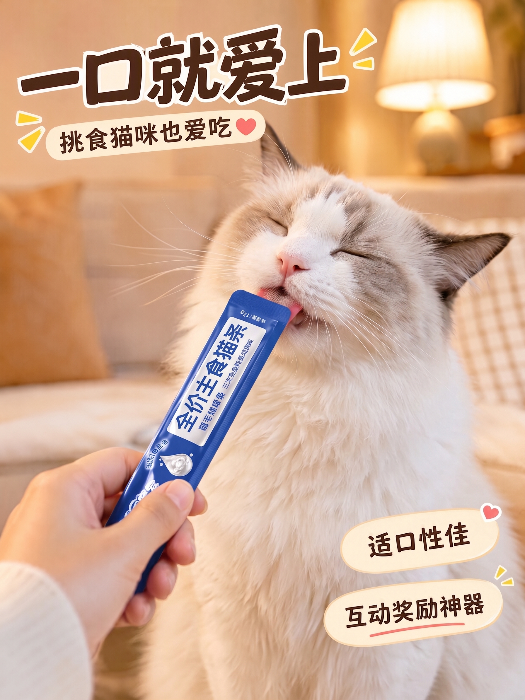 图片中猫咪元素换一只白色长毛布偶猫，文字“挑食猫咪也疯狂”改成… - 图片创意预览