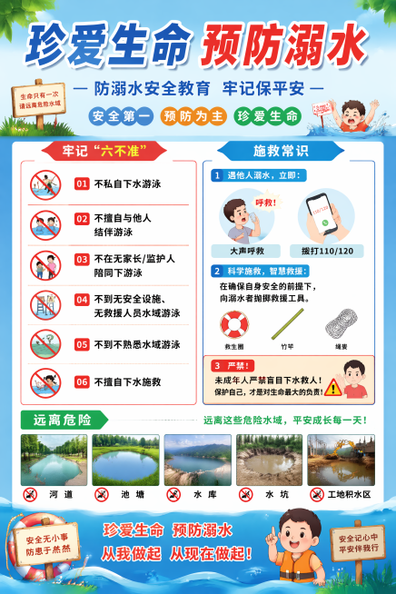 防溺水安全教育宣传海报，内容包含牢记"六不准"：不私自下水游泳；不擅自与他人结伴游泳；不在无家长/监护人陪同下游泳；不到无安全设施、无救援人员水域游泳；不到不熟悉水域游泳；不擅自下水施救。施救常识：遇预览效果