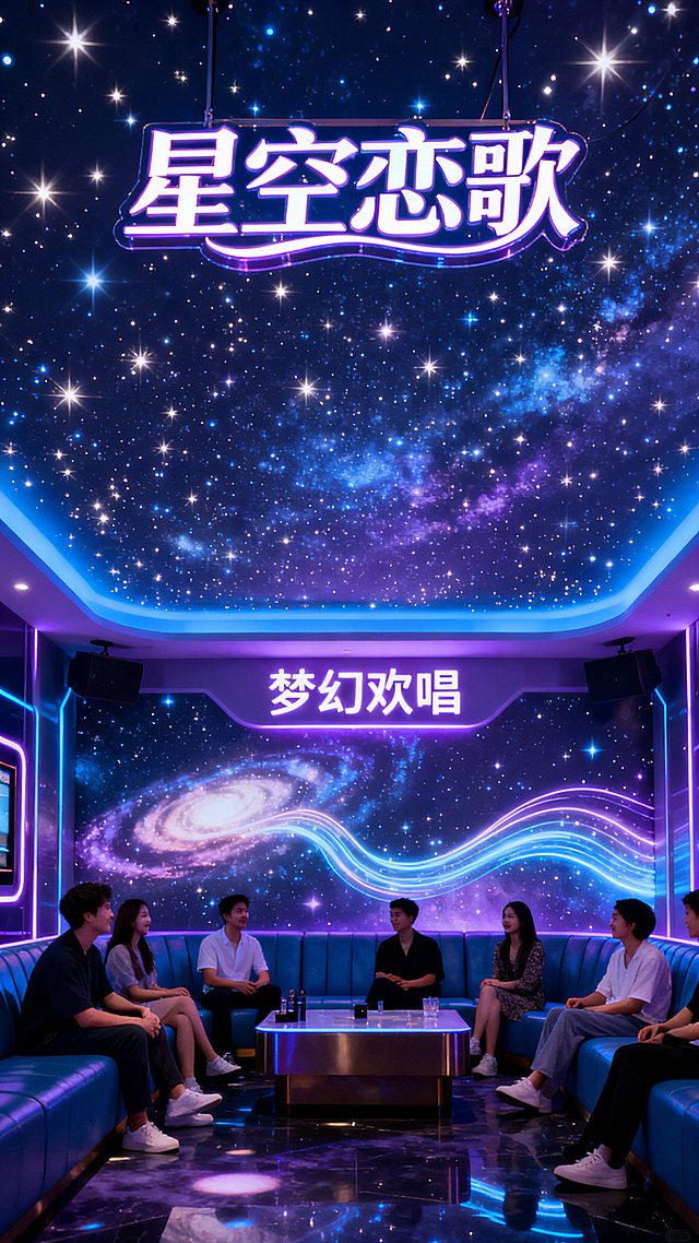 西安KTV星空主题包间，梦幻星空顶，人们在浪漫氛围里K歌，搭配“星空恋歌”“梦幻欢唱”文字，无商业信息