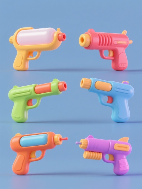 6个不同样式、不同配色、不同风格的水枪，3D渲染，卡通风格，圆润造型，光滑塑料质感，明亮鲜艳的纯色，每个水枪拥有独特的设计细节（如不同形状的储水罐、枪身曲线、握把样式、喷嘴设计），纯色背景，整齐排列，均匀柔和的顶光，轻微阴影，高饱和度，清晰边缘，童趣感，简洁构图，物体间保持相等间距，视觉平衡。预览效果