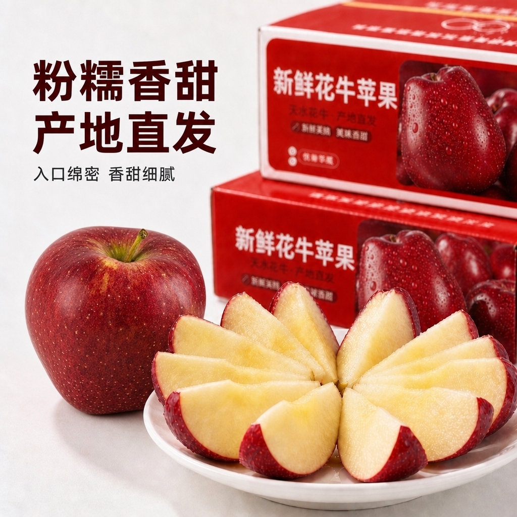 将图中左侧的完整苹果替换为参考图中花牛苹果的外观：果形偏扁圆、… - 图片创意预览