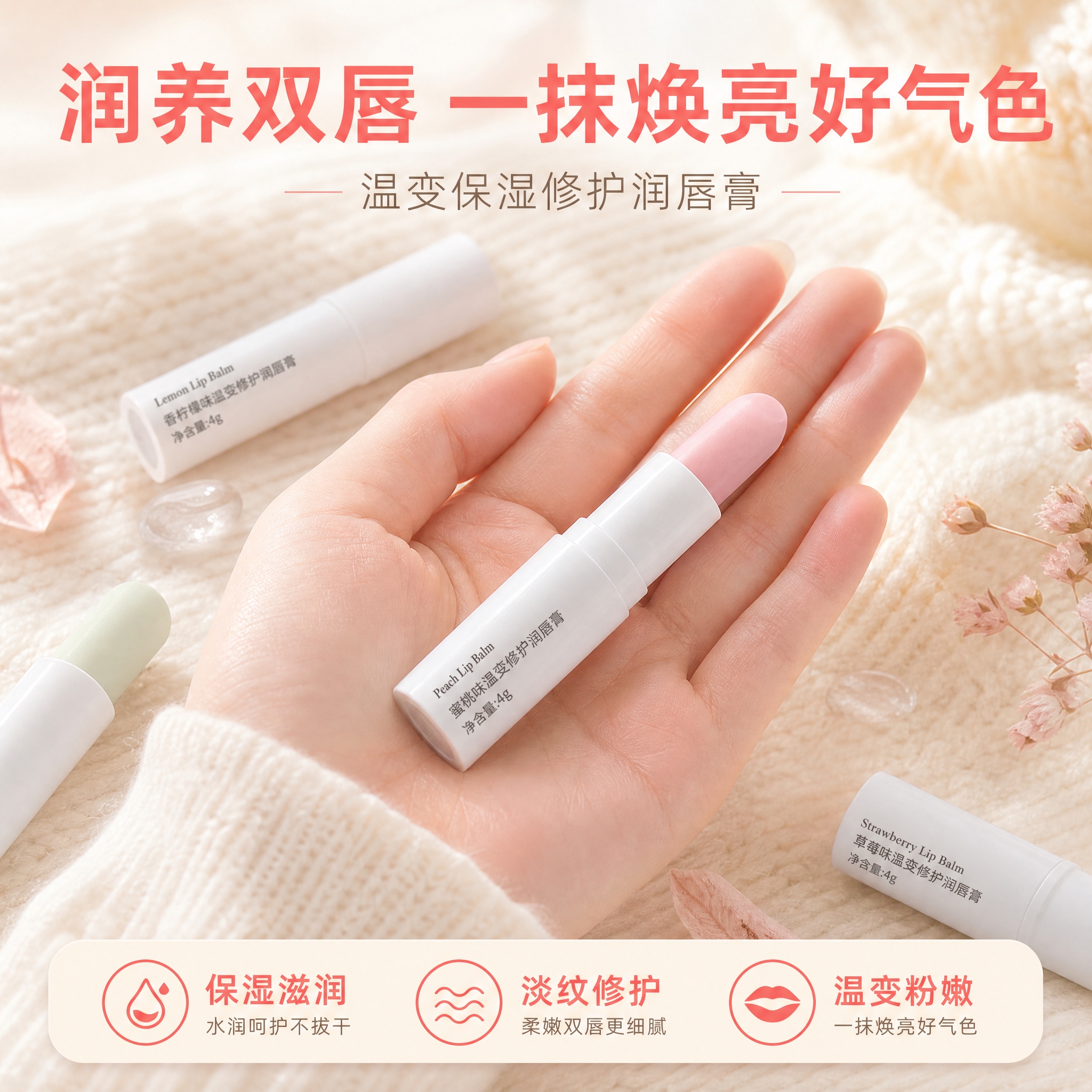 [主图-5] 润唇膏放在手心特写，画面下方弹出slogan，品… - 图片创意预览