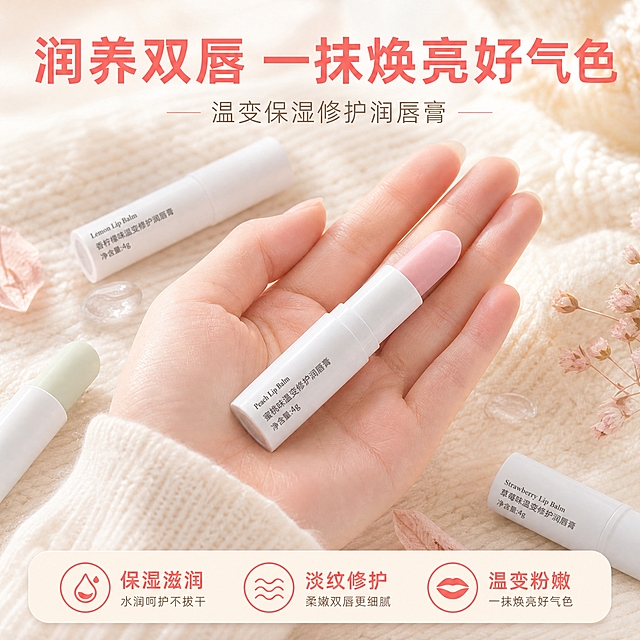 [主图-5] 润唇膏放在手心特写，画面下方弹出slogan，品牌宣言式收尾，突出产品全家福与核心价值。
[统一基调] 秋冬暖调清透风格，主色为奶杏白+浅粉棕，辅助色为淡粉色，强调色为暖珊瑚粉；字体为干净非衬线体，标题粗体大号，辅助文缩小50%以上；整体柔光自然窗光质感，水润清透，专业品质感。
[画面] 特写画面，一只女性的手手心向上，掌心托着一支白色管身的润唇膏（与输入产品外观一致），膏体微微旋出呈淡粉色。手心周围散落着2-3支不同口味的同款润唇膏（白色管身，膏体颜色略有差异：淡黄色、淡绿色等，呼应8种果味香型卖点），整体呈knolling平铺感但有主次。背景是柔软的米白色针织面料，强化秋冬温暖触感。少量晶莹水滴和干花花瓣点缀，增加水润和天然感。
[光影质感] 顶部柔光俯拍，产品表面有均匀光泽，手心温度感自然，针织面料纹理清晰，整体干净高级有质感。
[配色] 奶杏白针织背景，白色产品管身，多彩膏体点缀，暖珊瑚粉标题字色。
[文字版式] 画面上方大字号粗体slogan："润养双唇 一抹焕亮好气色"；slogan下方中号辅助文："温变保湿修护润唇膏"；底部三列小图标+文字："保湿滋润""淡纹修护""温变粉嫩"。文字放在上下方负空间，不遮挡手心产品主体。
[输出要求] 1:1正方形比例，文字清晰可读，产品外观与输入图一致，手部自然无畸形，无水印，无平台Logo，无极限词和医疗化表达。