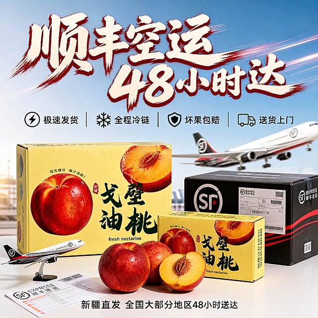 [主图-4] 新疆戈壁油桃 顺丰空运 极速达
[统一基调] 高级感生鲜水果风格 自然暖阳逆光 暖黄与深红主色调 粗笔刷书法主标题 米白字配深红描边 辅助文案用清爽黑体 整体画面干净有食欲 抖音1:1主图
[画面] 大小两个礼盒与顺丰快递箱组合摆放 旁边有飞机模型与快递单元素 背景为简洁的蓝白渐变 体现航空运输的速度感 礼盒前方放3颗新鲜油桃 一颗切开展示果肉 整体画面干净利落 突出物流速度与服务 主体占画面60%
[光影质感] 干净影棚光 产品立体感强 蓝白背景清爽 水果色泽自然 速度感与品质感兼具 高级专业
[配色] 蓝白渐变背景 黄色礼盒 顺丰红黑元素 红黄水果 深红标题字 清爽专业
[文字版式] 顶部主标题"顺丰空运 48小时达"粗笔刷书法大字 中间横向排列四个服务承诺："极速发货""全程冷链""坏果包赔""送货上门" 底部小字"新疆直发 全国大部分地区48小时送达" 文字布局清晰对称
[输出要求] 1:1正方形 2048x2048 文字清晰可读 产品清晰完整 无变形 无错字 无水印 无平台Logo 物流速度高级感