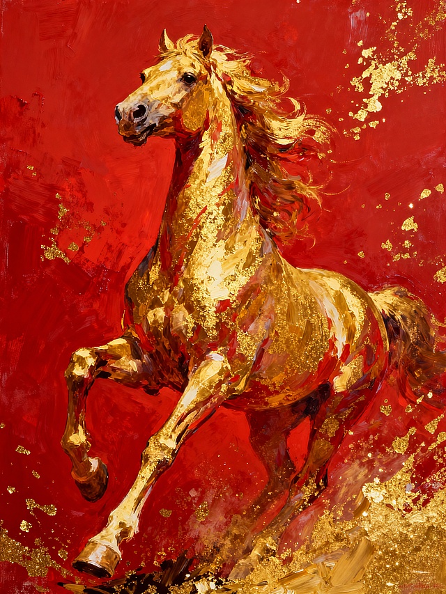 生成一幅融合鎏金质感的绘画风格画面，主色调以浓烈正红为背景，主体是一匹抽象的飞奔金色马匹：昂首挺胸，四肢迈开、姿态矫健，毛发随风飘逸；背景是浓烈的正红底色，采用平视略仰视的拍摄视角，以马为视觉中心，营造出强烈的视觉聚焦与动态张力。背景泼洒金粉，富丽堂皇的氛围，马身的鎏金纹理、色彩饱和度高且层次丰富