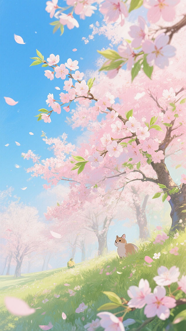 盛开的樱花林，小动物在花丛中探出头。色彩以浅粉、嫩绿和天蓝为主，柔焦光效，清新甜美的春日氛围。