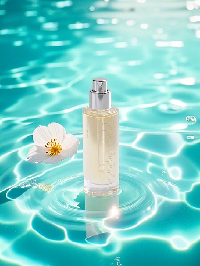 清新玻璃瓶置于虚拟自然水景中，花影轻舞，尽显清爽与清透感。