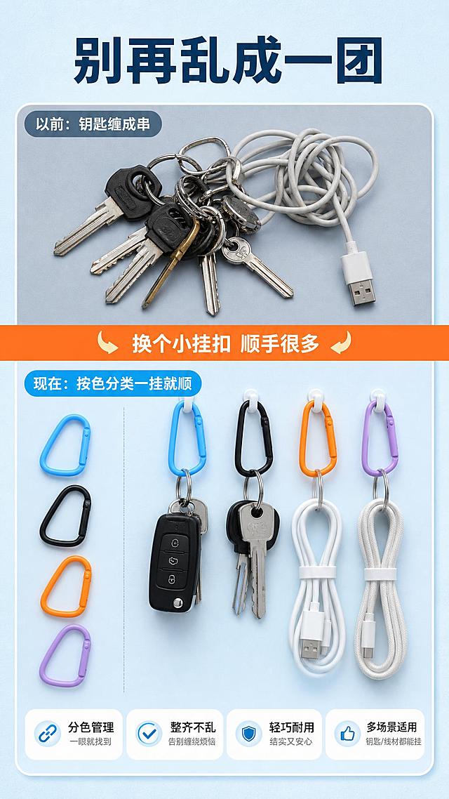 [商品] 使用【图3】【图9】中天蓝、黑色、橙色、浅紫D形扣；右侧展示用扣分色挂起的钥匙与线材，左侧保留同款D形扣对照；保留D形轮廓、弹簧门片、磨砂质感与真实比例，不得改变结构。
[画面] 目标：痛点与解决同屏对比，夸张克制，不恶心不恐吓。上下分栏：上半部分为杂乱的旧钥匙串（钥匙缠绕、线材打结，色调偏灰蓝，占高度35%），下半部分为用彩色D形扣分色挂好的钥匙与线材，整齐垂挂、色块分明（占高度45%）；中间一条暖橙分隔条上写转折短句；整体主体占画面约65%，背景为浅冰蓝渐变纸纹。
[视觉] 套系策略：风格=清爽高性价比电商实拍+轻3D摆拍；标题字=思源黑体Heavy粗黑；正文字=思源黑体中黑；主色=天蓝#5CC5F0；背景延展=上半部灰蓝降饱和、下半部冰蓝明亮，同色渐变纸纹；强调色=暖橙#FF7A2F，仅用于分隔条、箭头小图标；标题色=深藏蓝#163A5A；正文色=灰蓝#5A7184；组件=圆角白卡、胶囊标签、细线引线；光影=顶光+柔和投影。
[文字] 顶部主标题“别再乱成一团”，上半小标签“以前：钥匙缠成串”，下半小标签“现在：按色分类一挂就顺”，分隔条短句“换个小挂扣 顺手很多”；全部横向排版，字号手机端可读。
[规格] 图片比例9:16竖版，4K，避免脏污夸张、恐怖元素、竖排文字、蚂蚁字、字体变形、产品结构改变。
