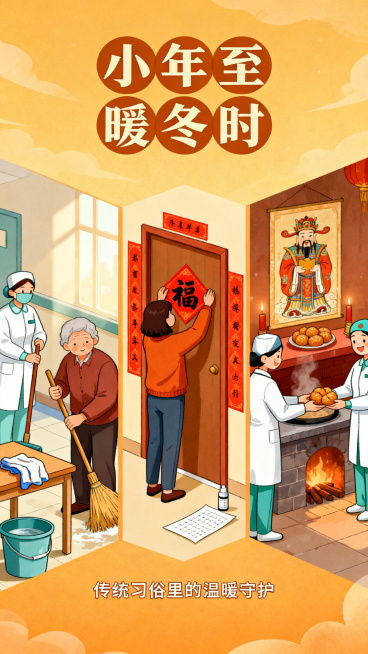 小年主题温馨插画，展现祭灶、扫尘、贴春联等传统习俗，暖色调，适合医院微信公众号使用预览效果