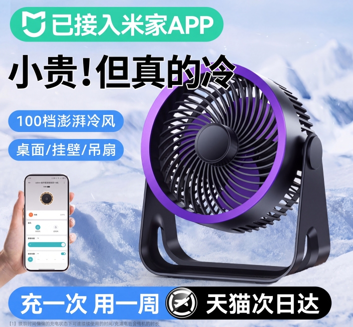 将图中原有的风扇替换成第二张图的风扇产品外观，把大标题文字从'冷过空调'改成'小贵！
但真的冷'，修改后的文字不能盖住风扇产品主体，保持其他文字、布局、背景和整体风格都不变预览效果