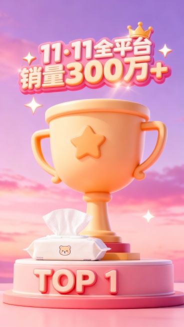 轻微仰拍视角，画面中心是一个底座印着“TOP 1”立体文字的巨型卡通3D奖杯，商品位于奖杯一侧，画面上方是3D卡通文字“11·11 全平台销量300万+”，皇冠、星星装饰，背景为粉紫色晚霞，促销活泼氛预览效果