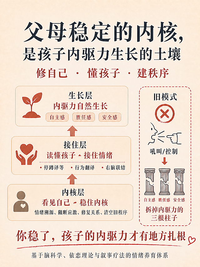 做以下修改：1. 将「拆掉孩子的三根柱子」改为「拆掉内驱力的三根柱子」；2. 将接住层「读懂孩子·接住情绪」中间的点换成小箭头，内核层「看见自己·稳住内核」中间的点也换成小箭头。保持其他内容和样式不变