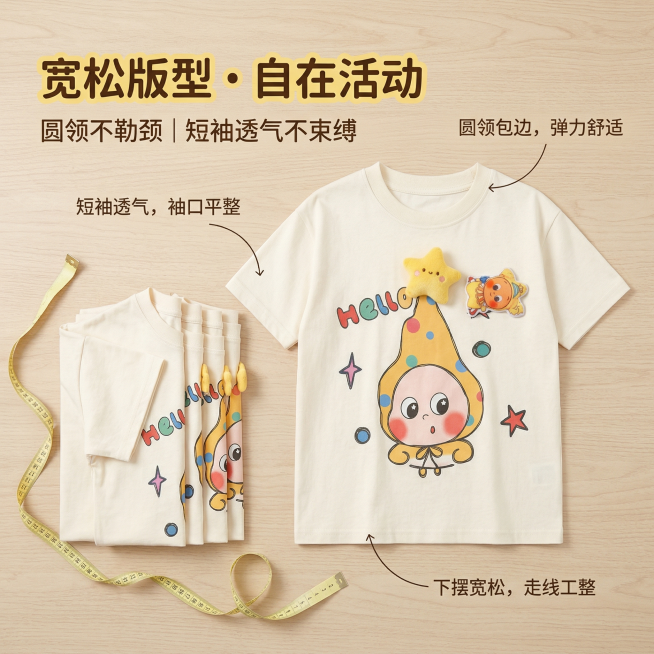 严格还原上传的产品图，包括包装设计、颜色、LOGO位置、文字内容、图案元素等所有细节，产品为米白色儿童短袖T恤，带有立体黄色星星布艺装饰与卡通IP印花图案，画面采用杂志级精致排版，主标题“宽松版型・自预览效果